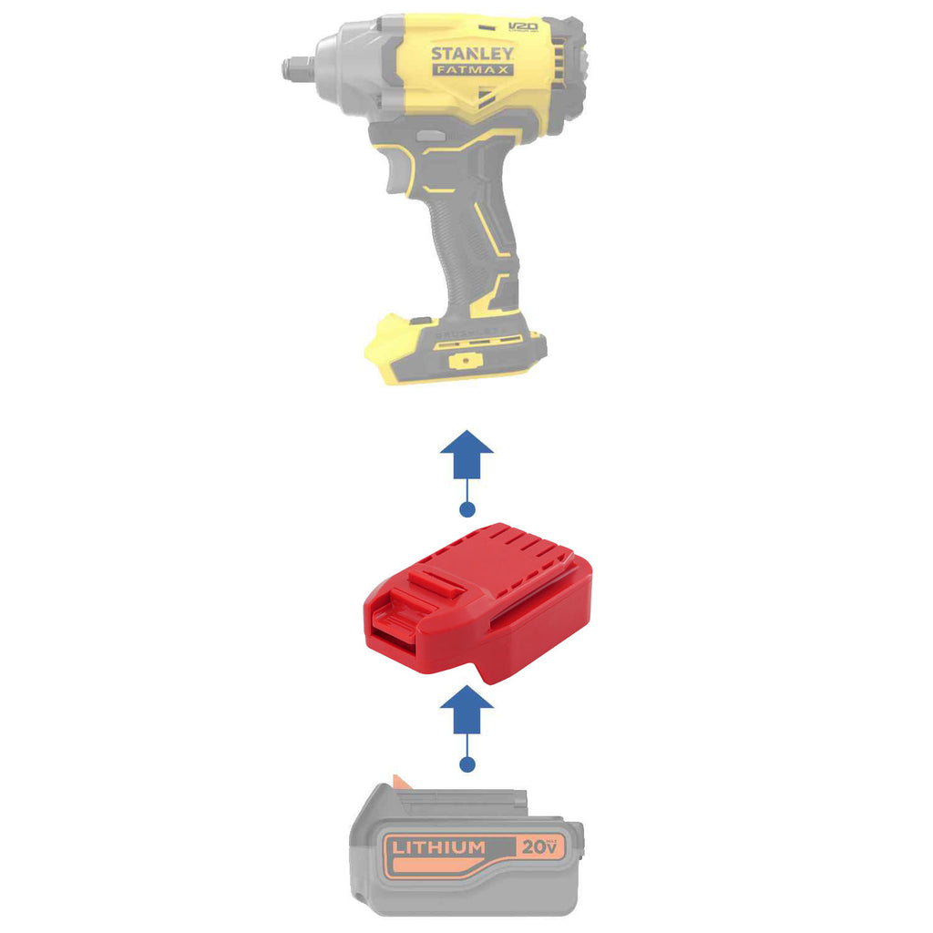 Black and Decker 20V to Stanley V20 battery adapter - compatibility diagram showing battery, adapter and impact wrench