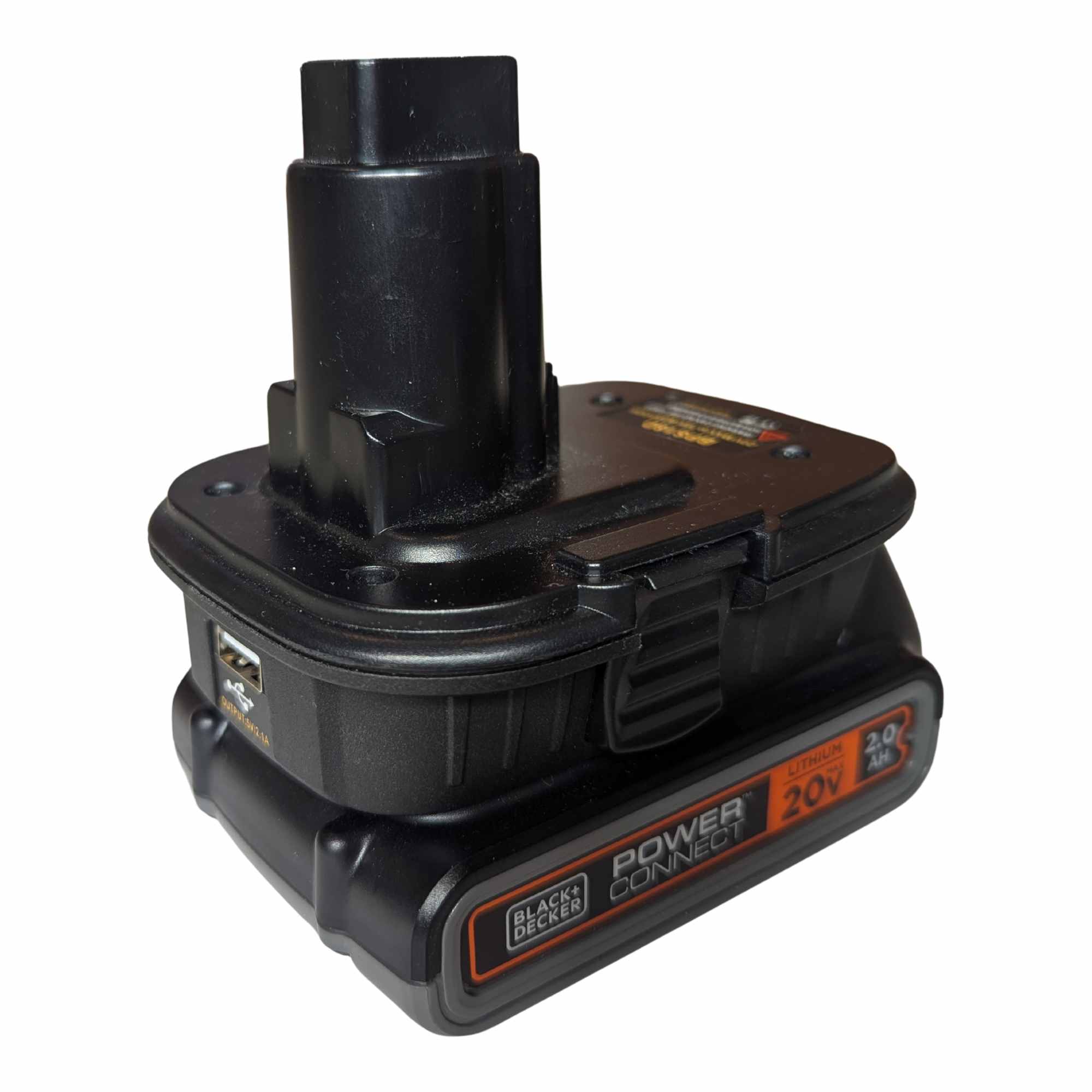Black and Decker 20V to DeWalt 18V Ni-Cd battery adapter - fitted to the Black and Decker 20V battery, USB port on the side