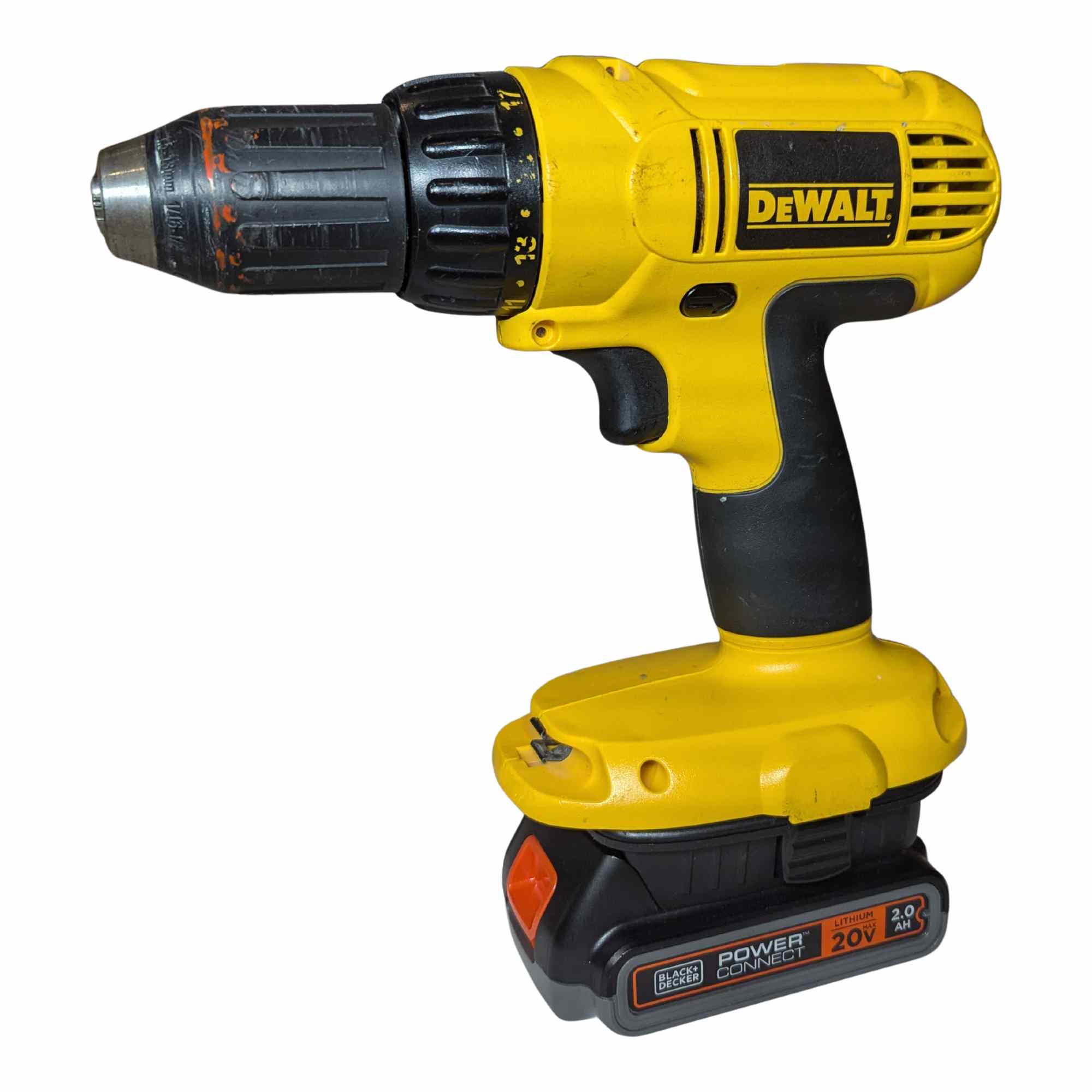 Black and Decker 20V to DeWalt 18V Ni-Cd battery adapter - installed on a drill with the battery attached below