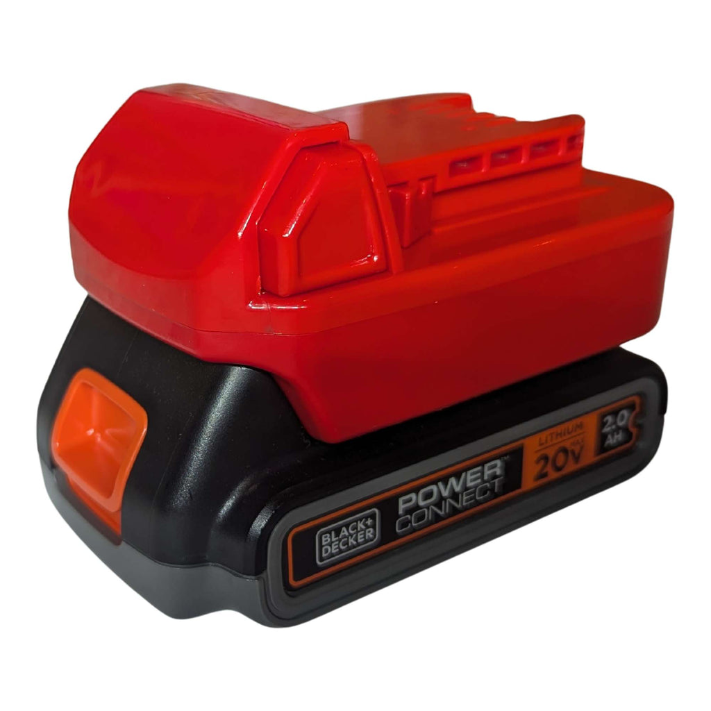 Black and Decker 20V to Milwaukee M18 battery adapter - fitted to the Black and Decker 20V battery, tool-side rails upward