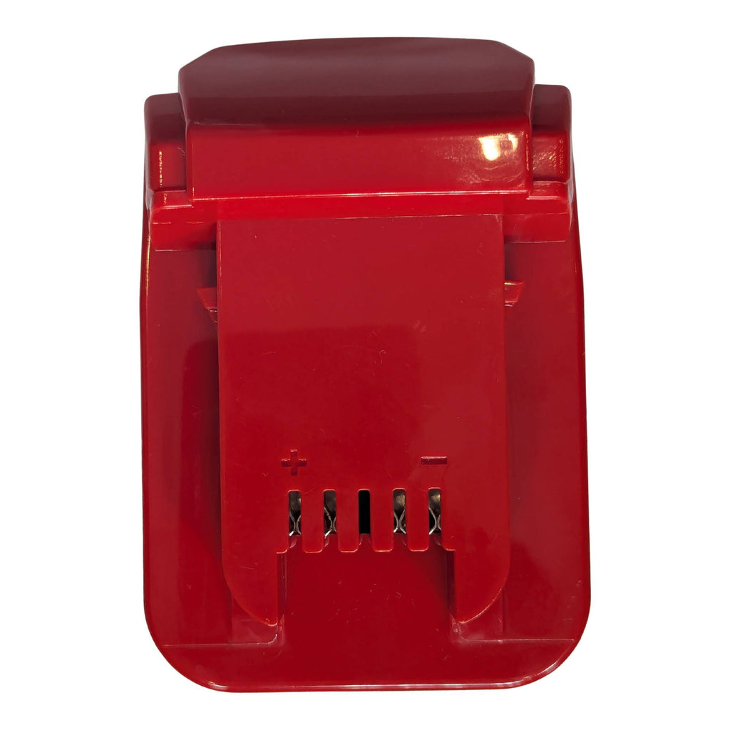 Black and Decker 20V to Milwaukee M18 battery adapter - tool-side connection from above, terminal slots with + and - marks