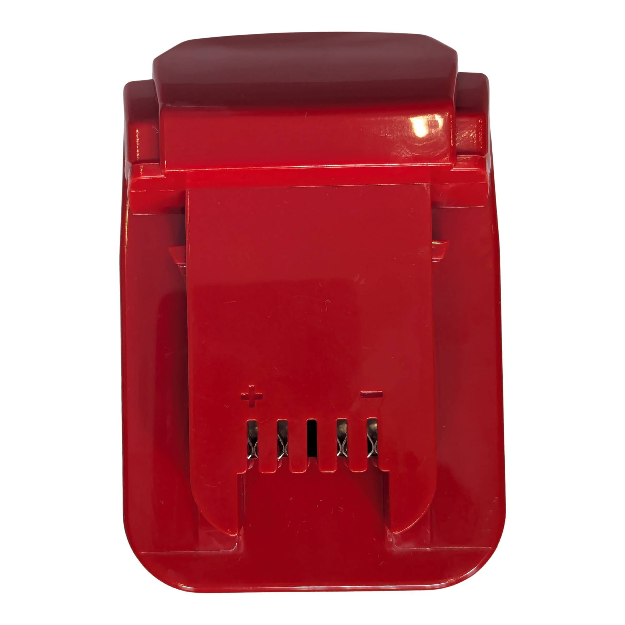 Black and Decker 20V to Milwaukee M18 battery adapter - tool-side connection from above, terminal slots with + and - marks