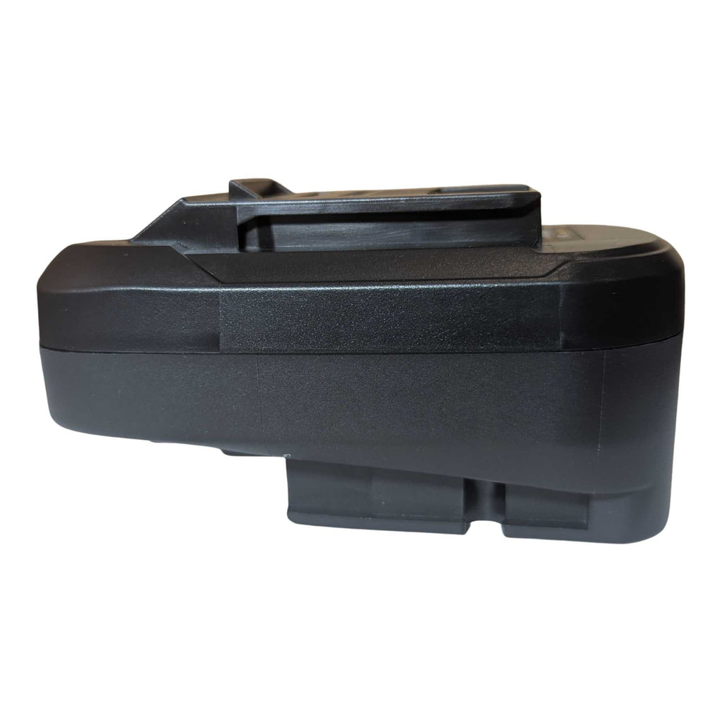 Bosch 18V PBA (Green) to Ozito 18V PXC battery adapter - side view with the Ozito rail above the battery-side foot