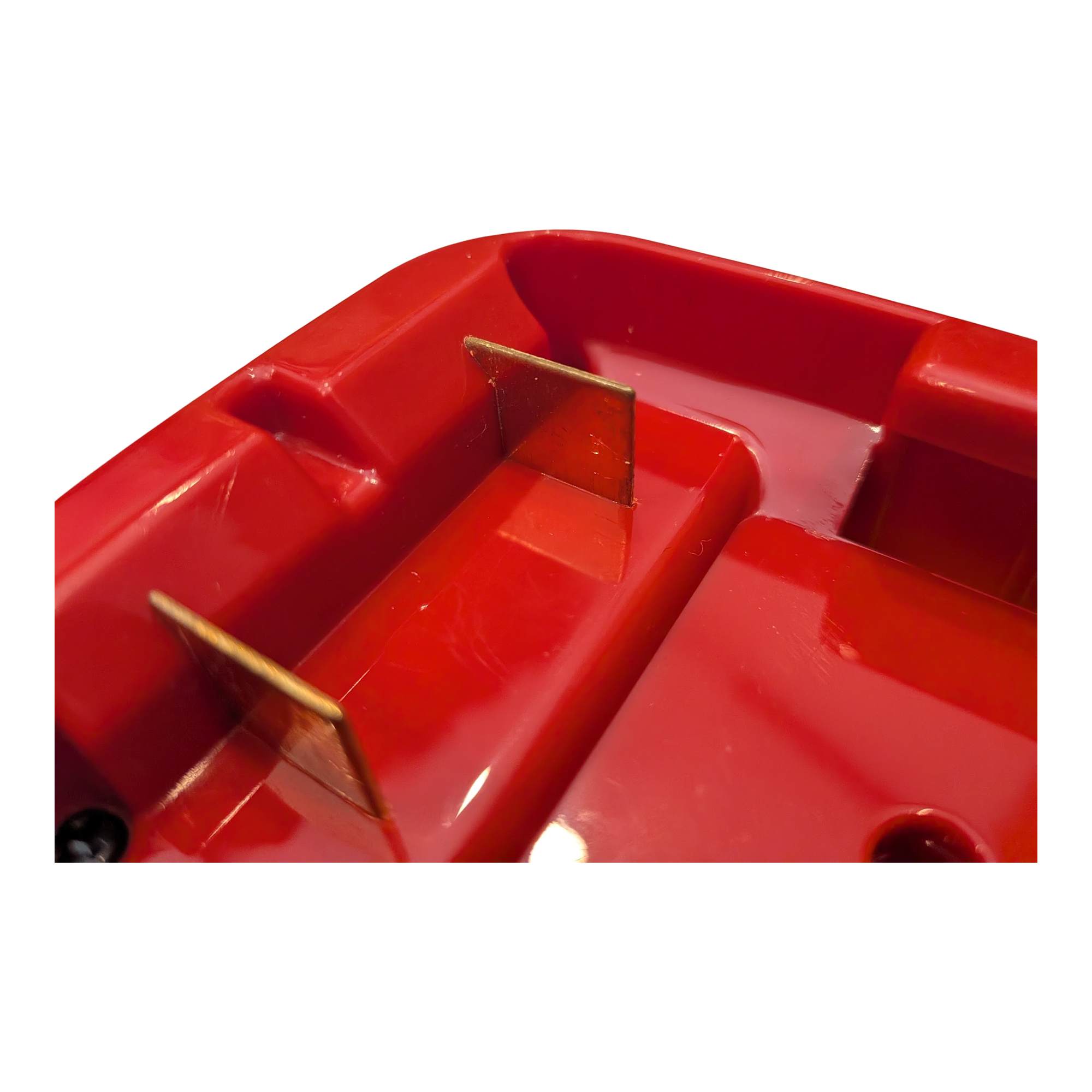 Craftsman 20V to DeWalt 20V MAX battery adapter - close-up of the battery-side copper blades in the red housing