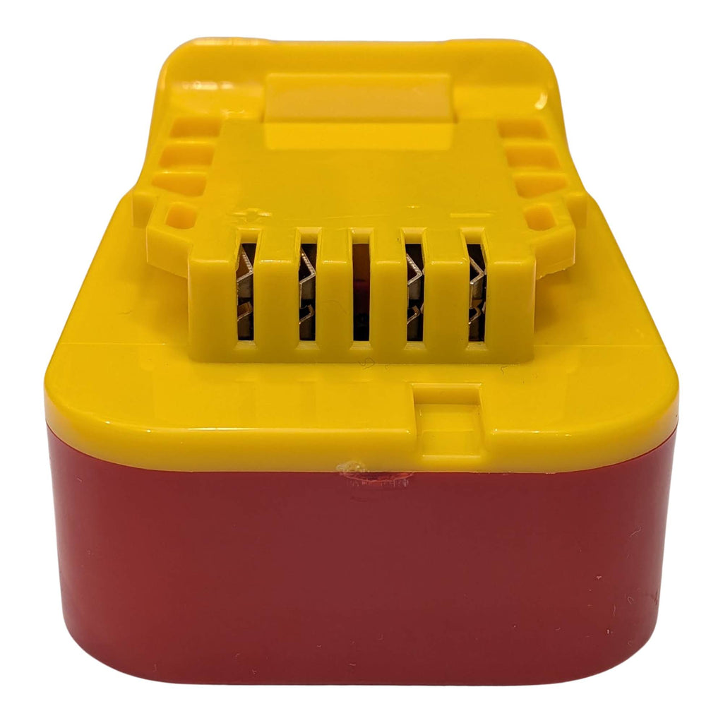 Craftsman 20V to DeWalt 20V MAX battery adapter - end view of the yellow tool-side terminal slots, red body below