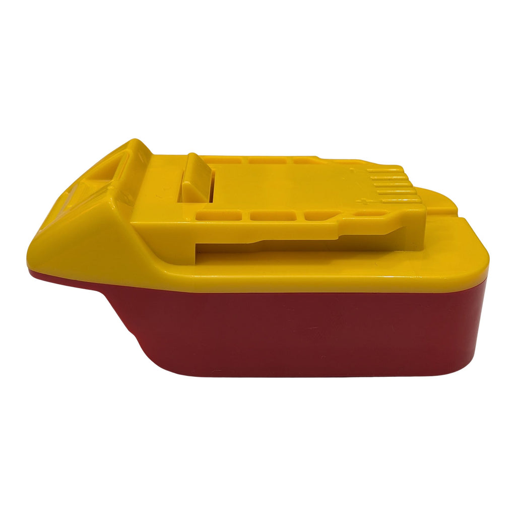 Craftsman 20V to DeWalt 20V MAX battery adapter - side view, yellow tool-side rails over the red body