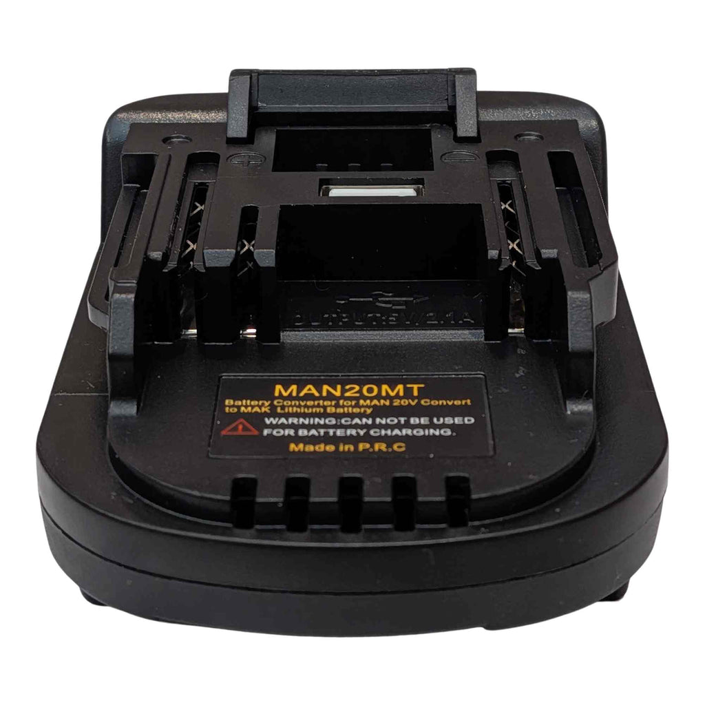 Craftsman 20V to Makita 18V LXT battery adapter - Makita tool-side connection, USB-A socket marked 5V 2.1A, warning label