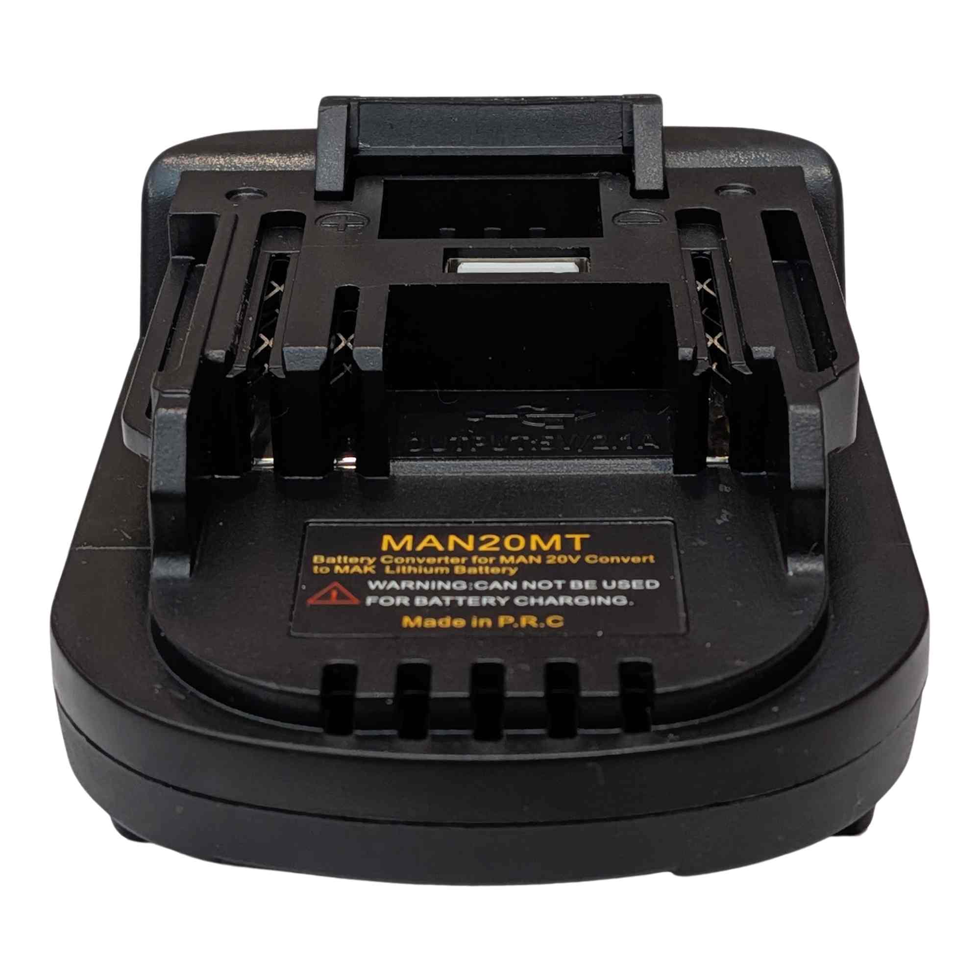 Craftsman 20V to Makita 18V LXT battery adapter - Makita tool-side connection, USB-A socket marked 5V 2.1A, warning label