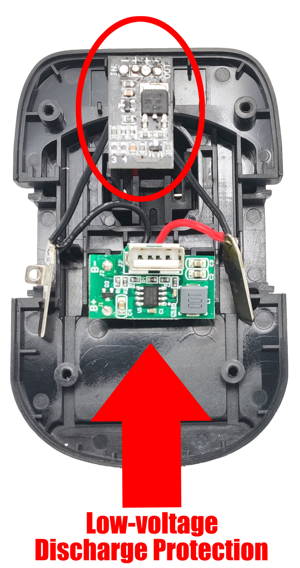 DeWalt 20V MAX to Ryobi 18V ONE+ battery adapter - opened housing with the USB port board and low-voltage protection board