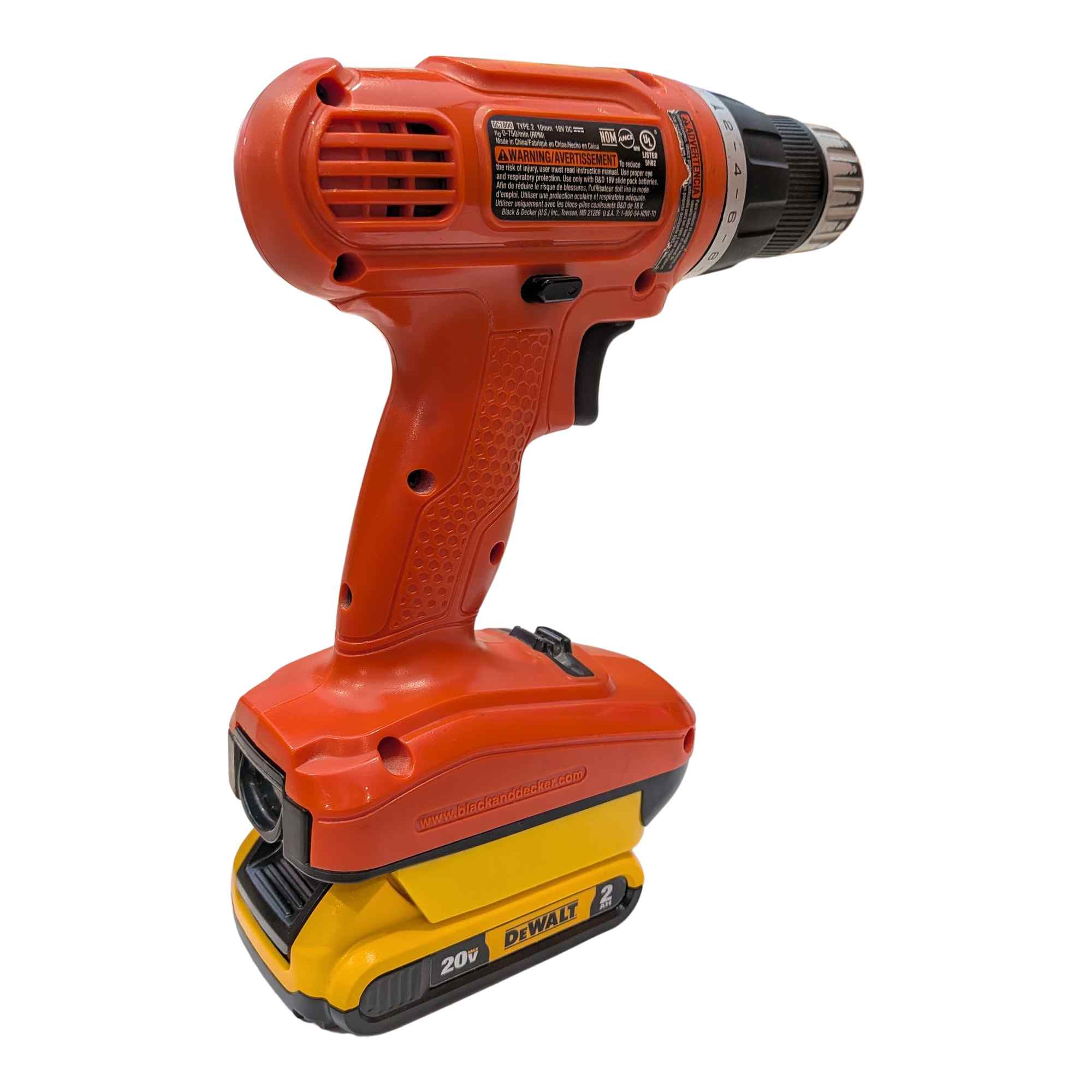 DeWalt 20V MAX to Black and Decker 18V Ni-Cd battery adapter - installed on a drill, rear view