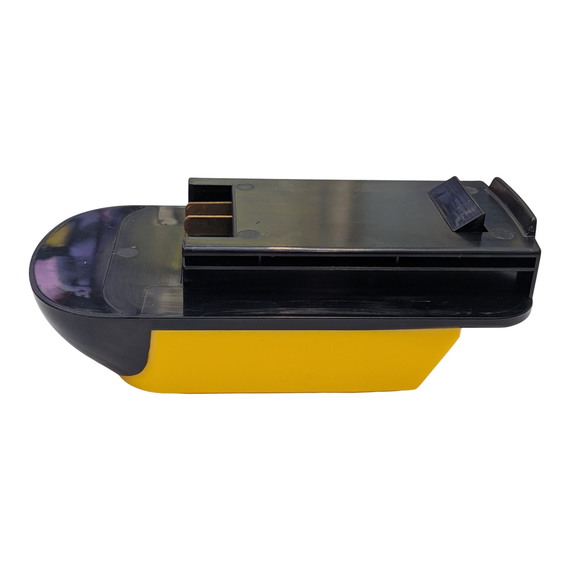 DeWalt 20V MAX to Black and Decker 18V Ni-Cd battery adapter - side view showing both connections, copper blades visible
