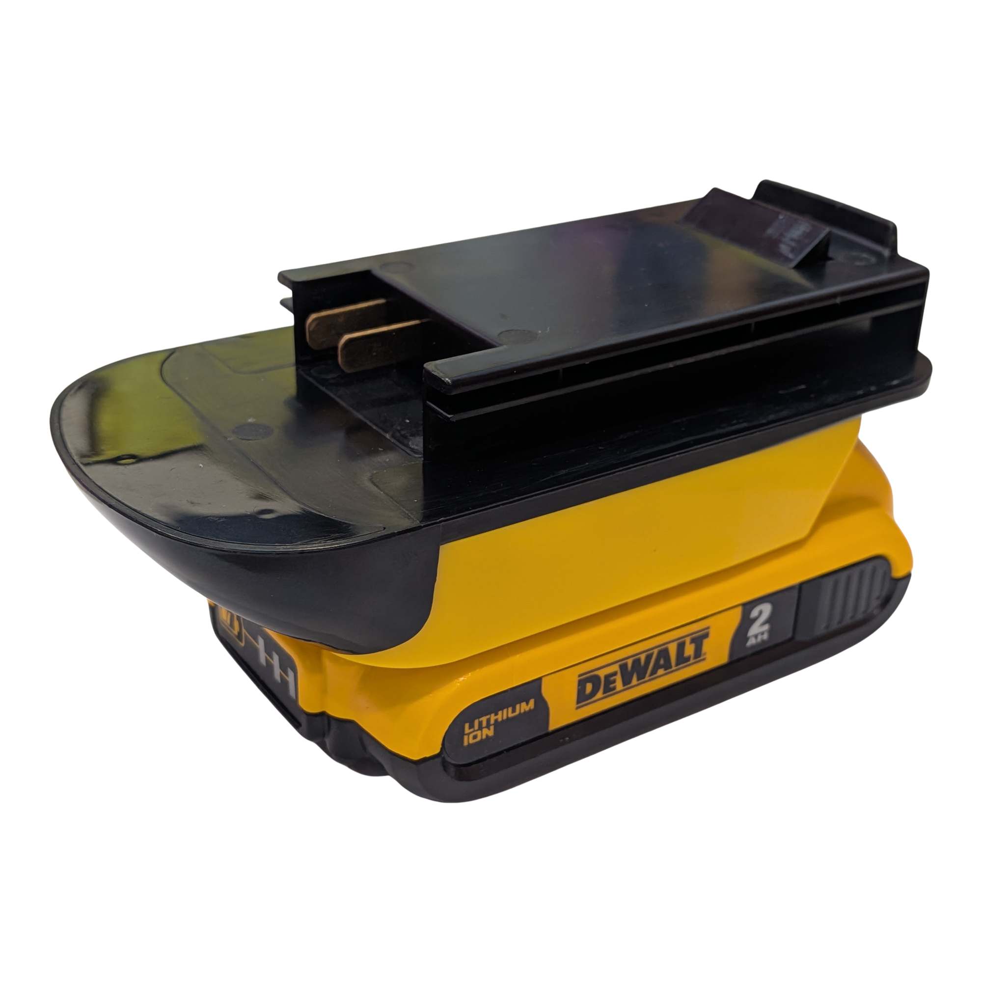 DeWalt 20V MAX to Black and Decker 18V Ni-Cd battery adapter - fitted to the DeWalt 20V MAX battery, copper blades in view