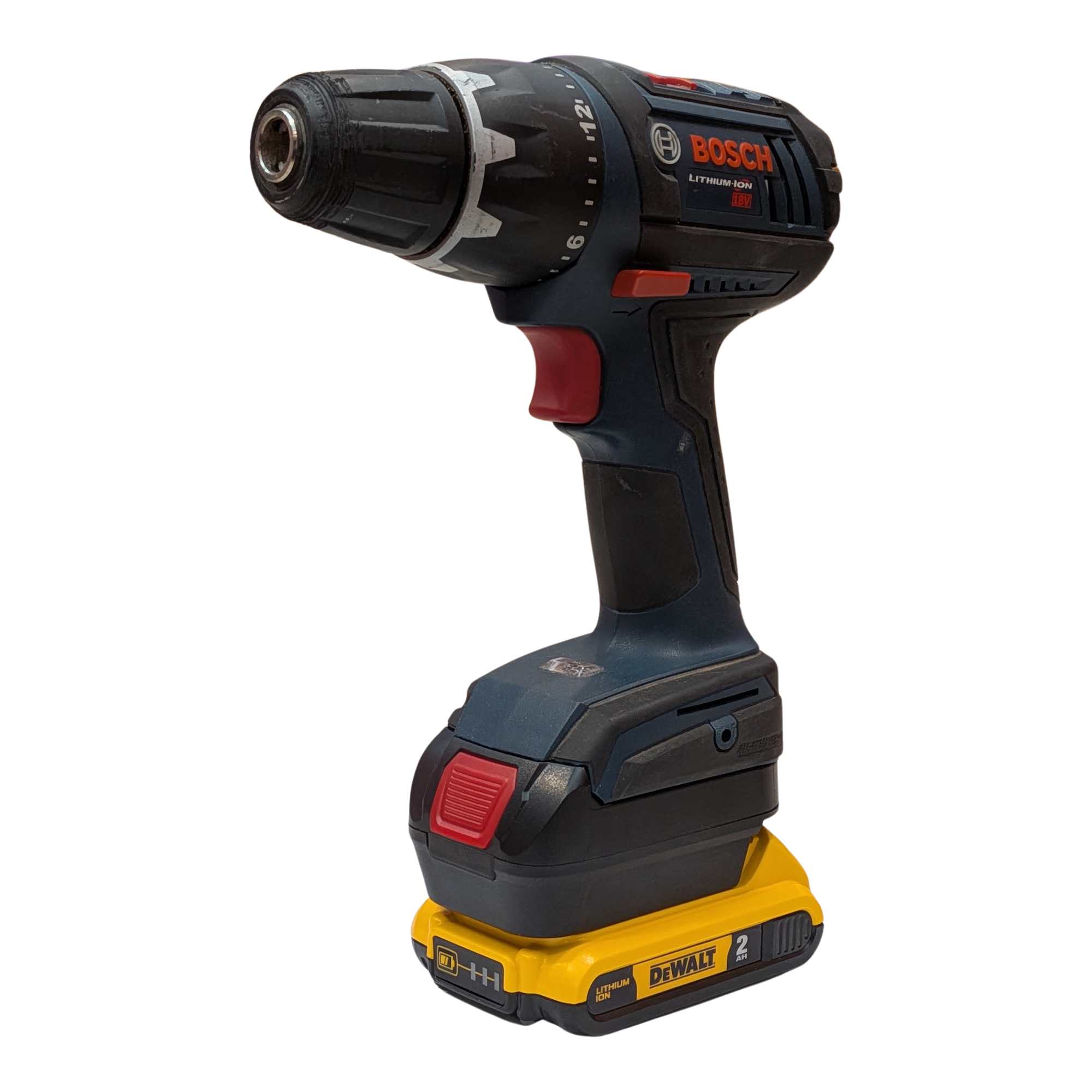DeWalt 20V MAX to Bosch 18V GBA (Blue) battery adapter - installed on a Bosch drill above the battery, side view