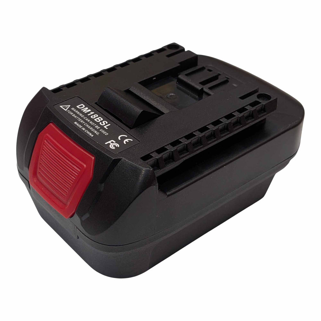 DeWalt 20V MAX to Bosch 18V GBA (Blue) battery adapter - tool-side connection rails, printed label and the release catch