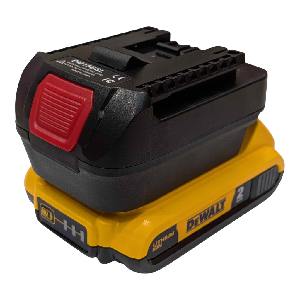 DeWalt 20V MAX to Bosch 18V GBA (Blue) battery adapter - fitted to the DeWalt 20V MAX battery, release button on the side