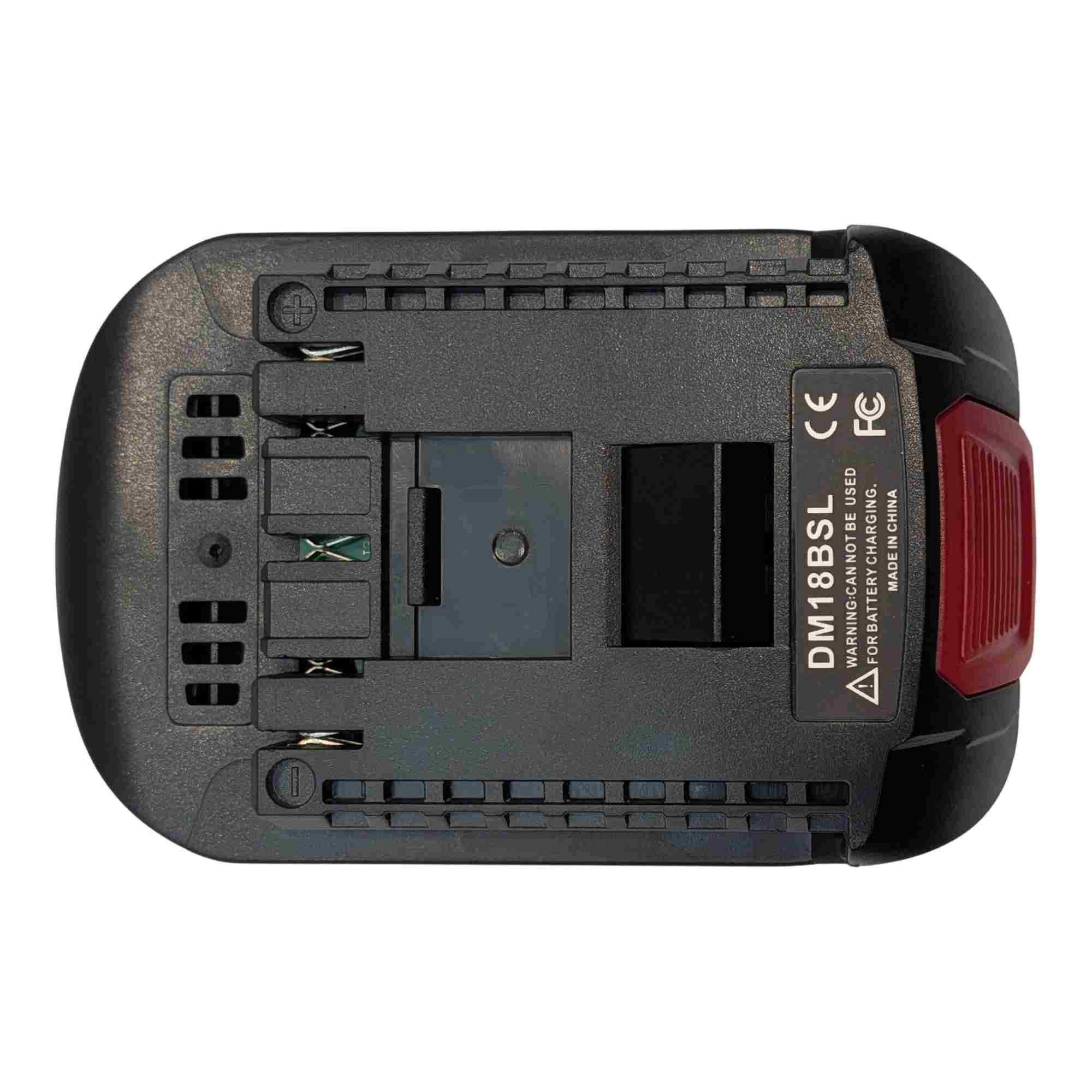 DeWalt 20V MAX to Bosch 18V GBA (Blue) battery adapter - plan view of the tool-side connection, rails and terminal slots