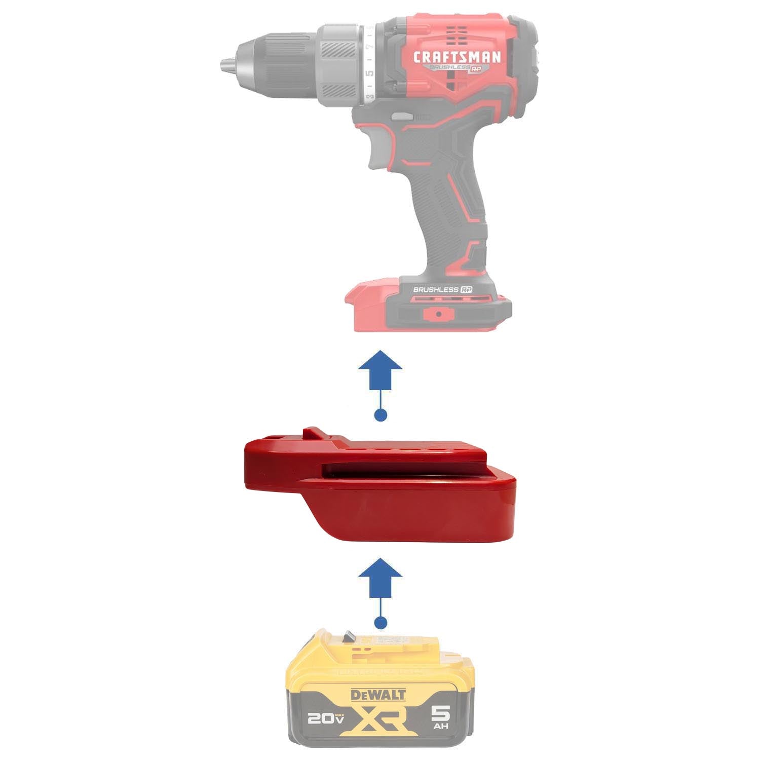 DeWalt 20V MAX to Craftsman 20V battery adapter - compatibility diagram showing battery, adapter and drill