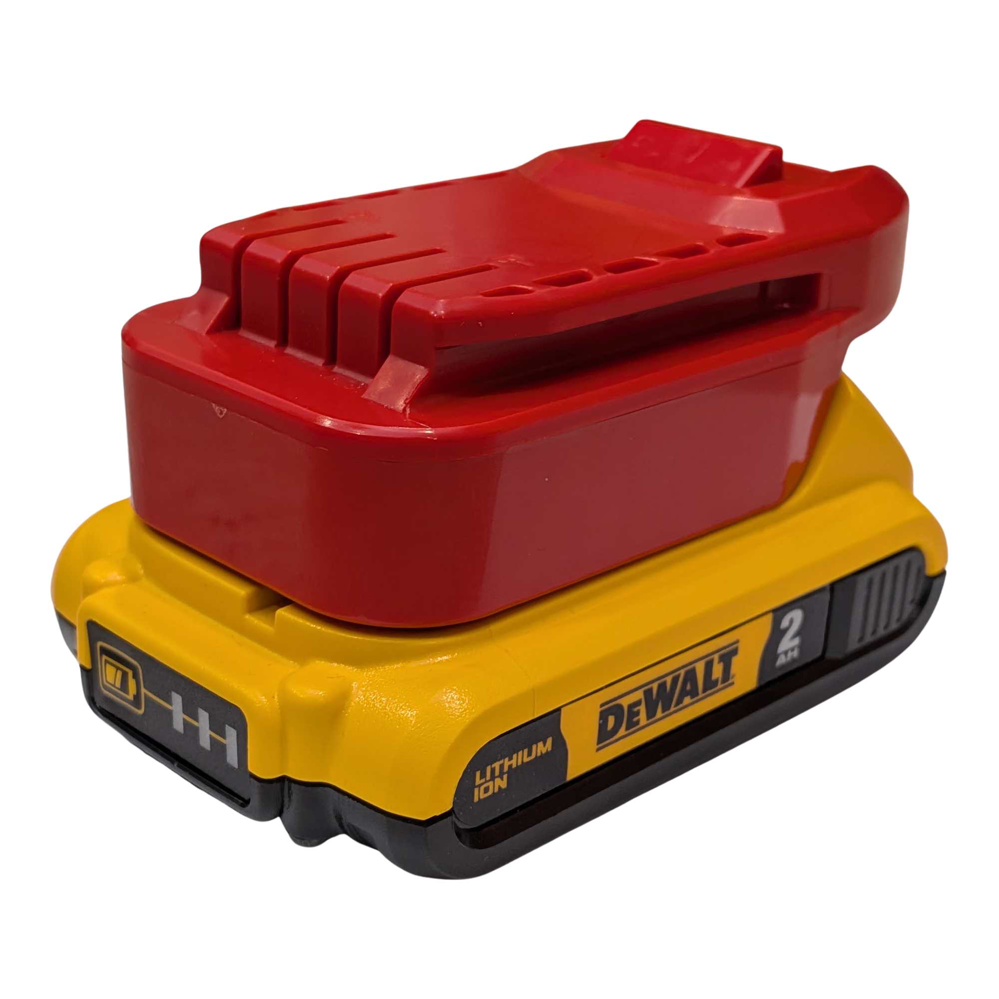 DeWalt 20V MAX to Craftsman 20V battery adapter - fitted to the DeWalt 20V MAX battery, rear three-quarter view