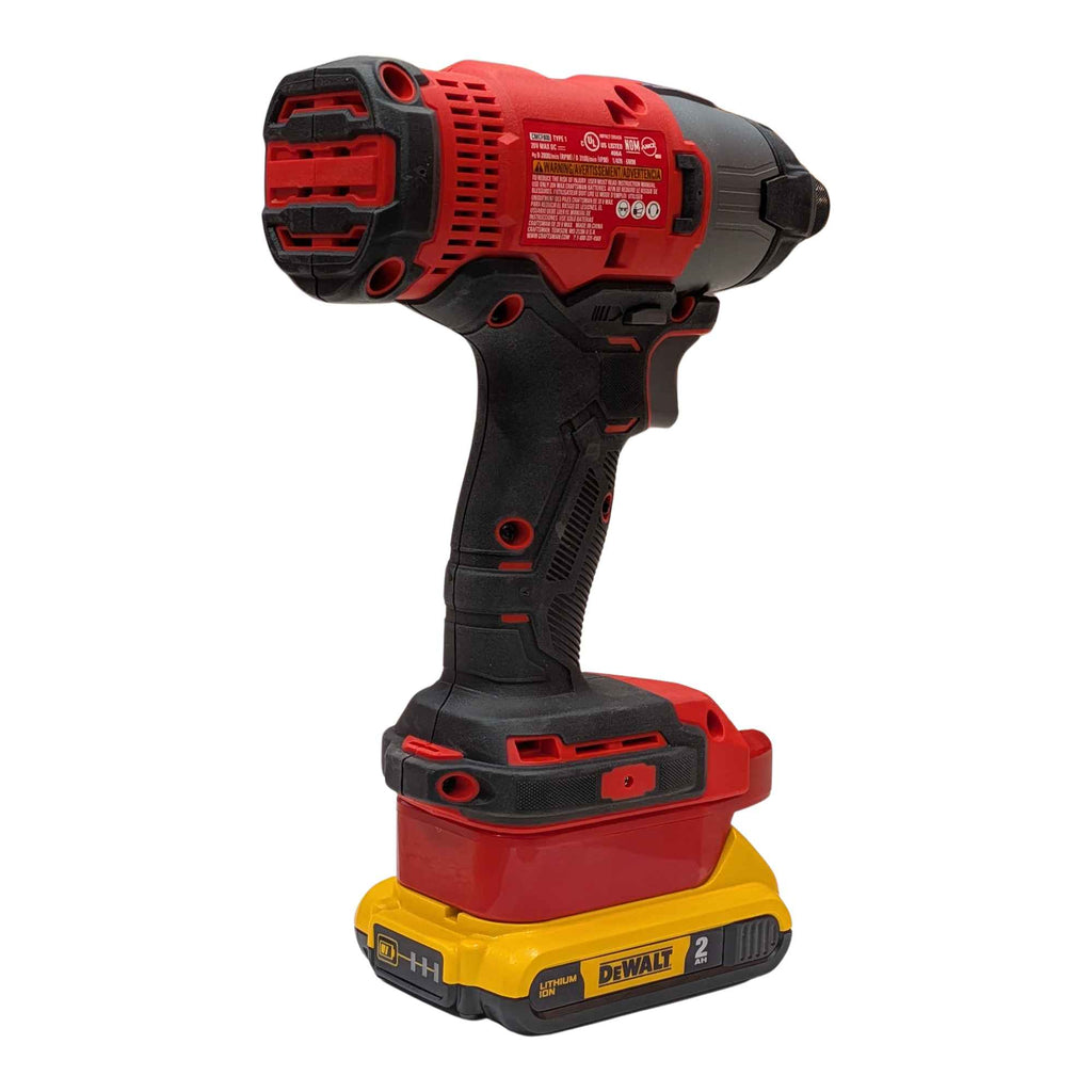 DeWalt 20V MAX to Craftsman 20V battery adapter - rear view, installed on a Craftsman impact driver