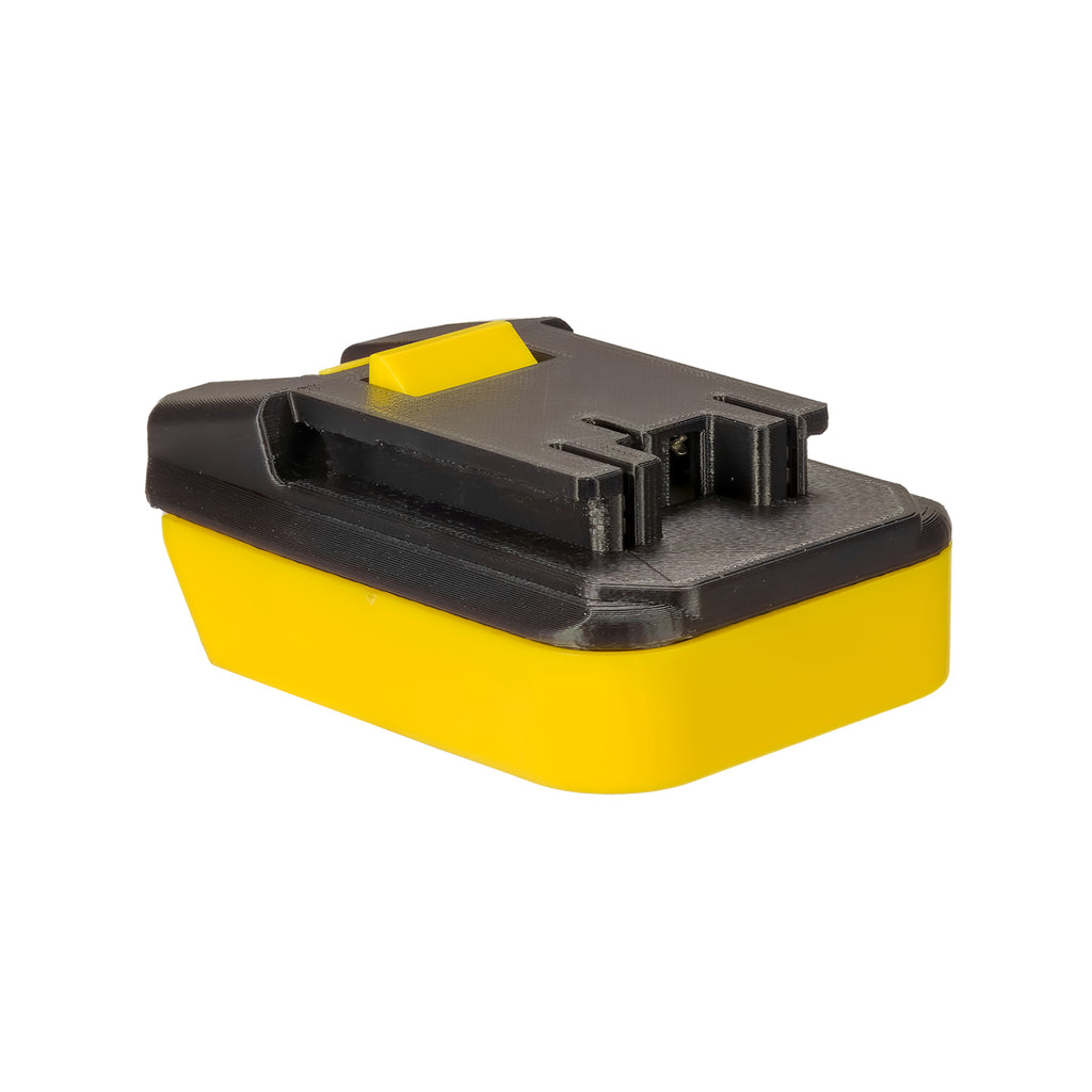 DeWalt 20V MAX to Hart 20V battery adapter - Hart tool-side connection with the yellow latch and copper blades