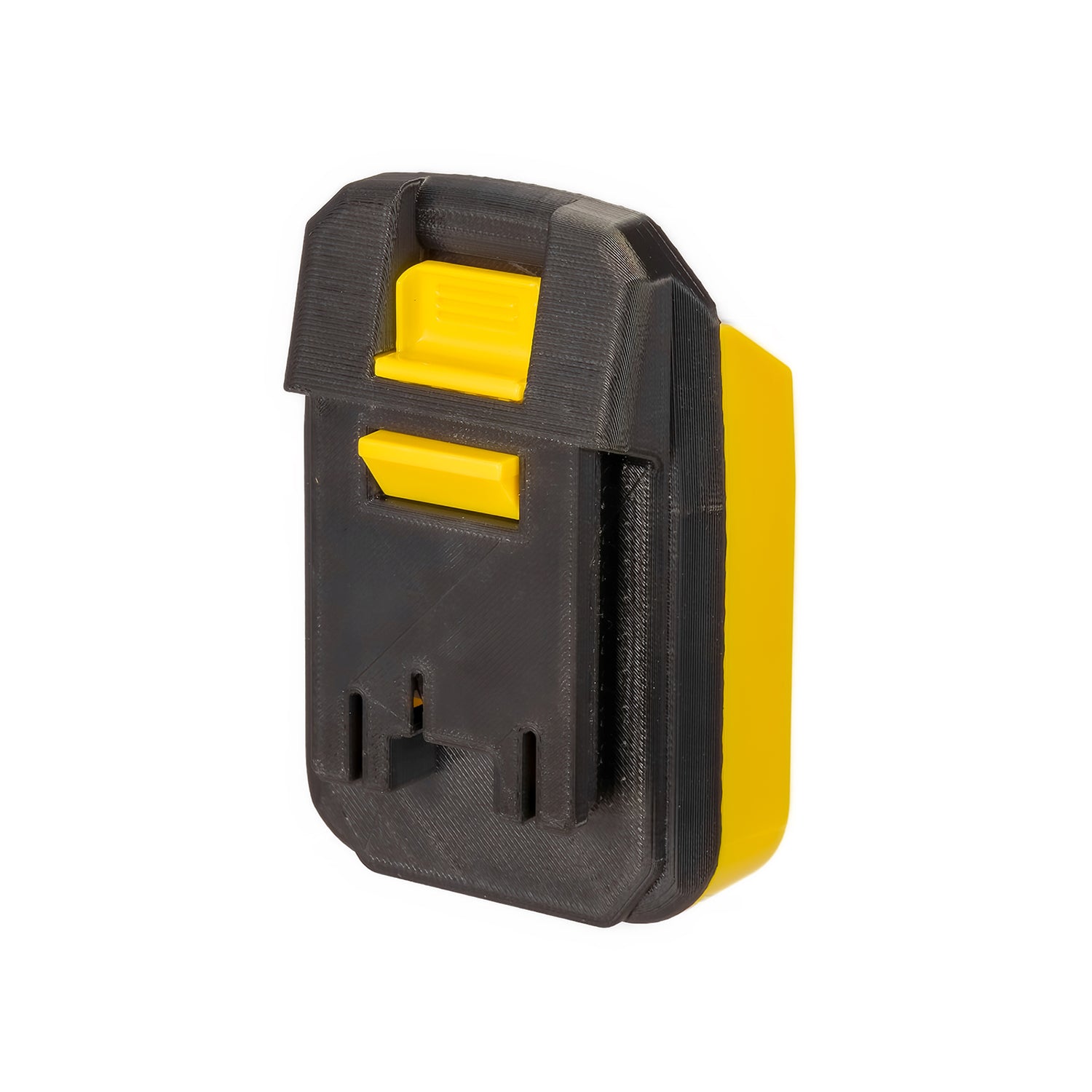 DeWalt 20V MAX to Hart 20V battery adapter - Hart tool-side face straight on, two yellow latch tabs and the terminal slot