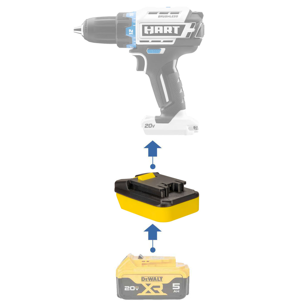 DeWalt 20V MAX to Hart 20V battery adapter - compatibility diagram showing battery, adapter and drill driver