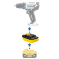 DeWalt 20V MAX to Hart 20V battery adapter - compatibility diagram showing battery, adapter and drill driver