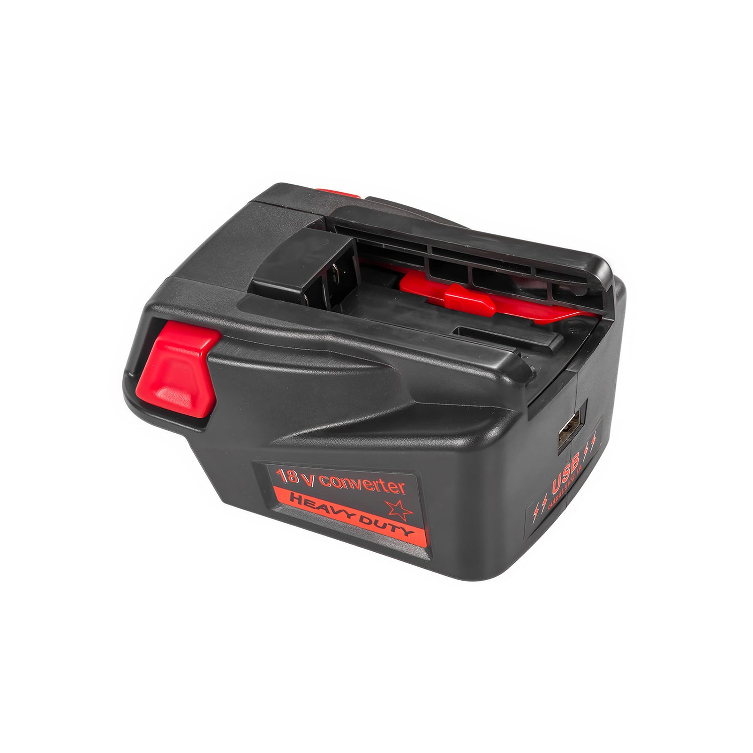 DeWalt 20V MAX to Milwaukee V18 Ni-Cd battery adapter - Milwaukee tool-side connection with terminal slots and the USB port