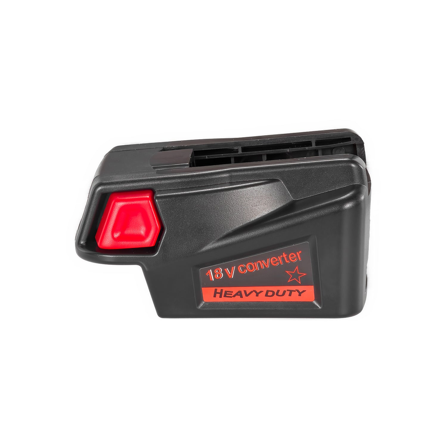 DeWalt 20V MAX to Milwaukee V18 Ni-Cd battery adapter - side view with the release button and printed label