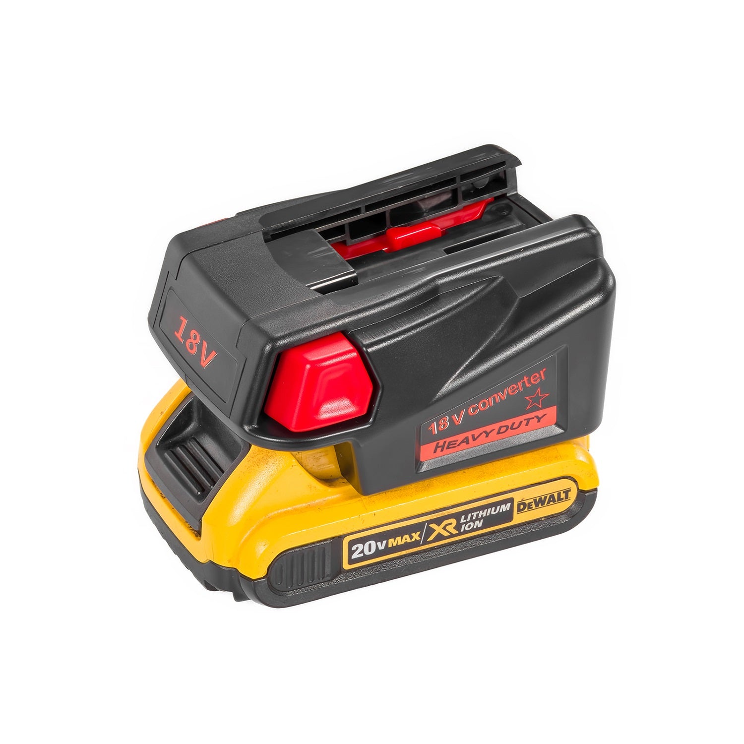 DeWalt 20V MAX to Milwaukee V18 Ni-Cd battery adapter - fitted to the battery, Milwaukee tool-side rails and terminal block