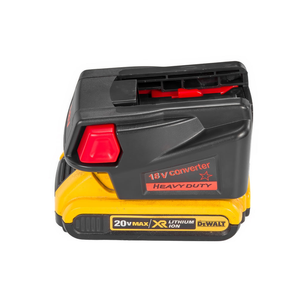 DeWalt 20V MAX to Milwaukee V18 Ni-Cd battery adapter - fitted to the battery, Milwaukee tool-side rails and terminal block