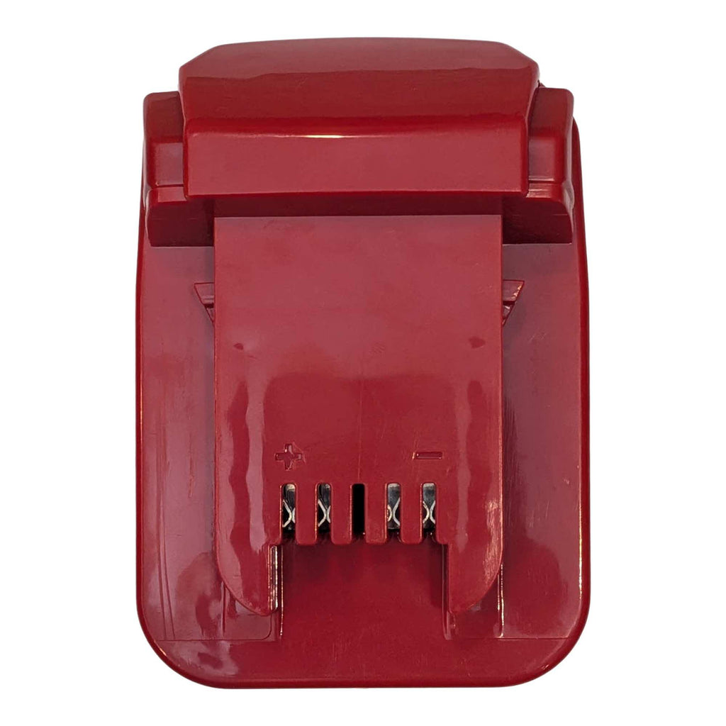 DeWalt 20V MAX to Milwaukee M18 battery adapter - Milwaukee tool-side terminals with + and - polarity marks