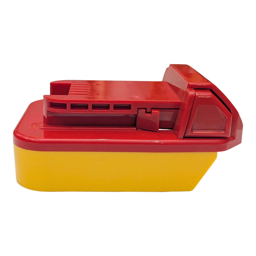 DeWalt 20V MAX to Milwaukee M18 battery adapter - side view showing the tool-side rail and latch