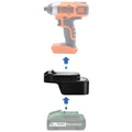 Masterforce 20V to Black and Decker 20V battery adapter - compatibility diagram showing battery, adapter and impact driver