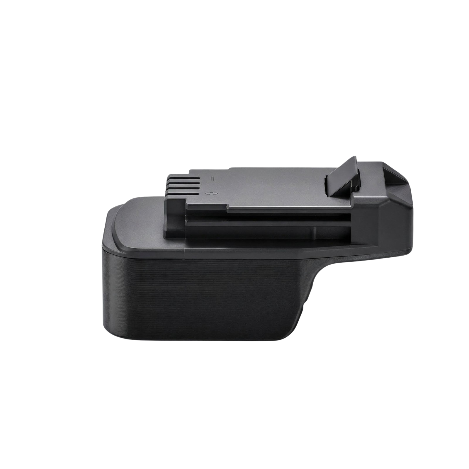 Masterforce 20V to Black and Decker 20V battery adapter - side view showing the Black and Decker tool-side connection above