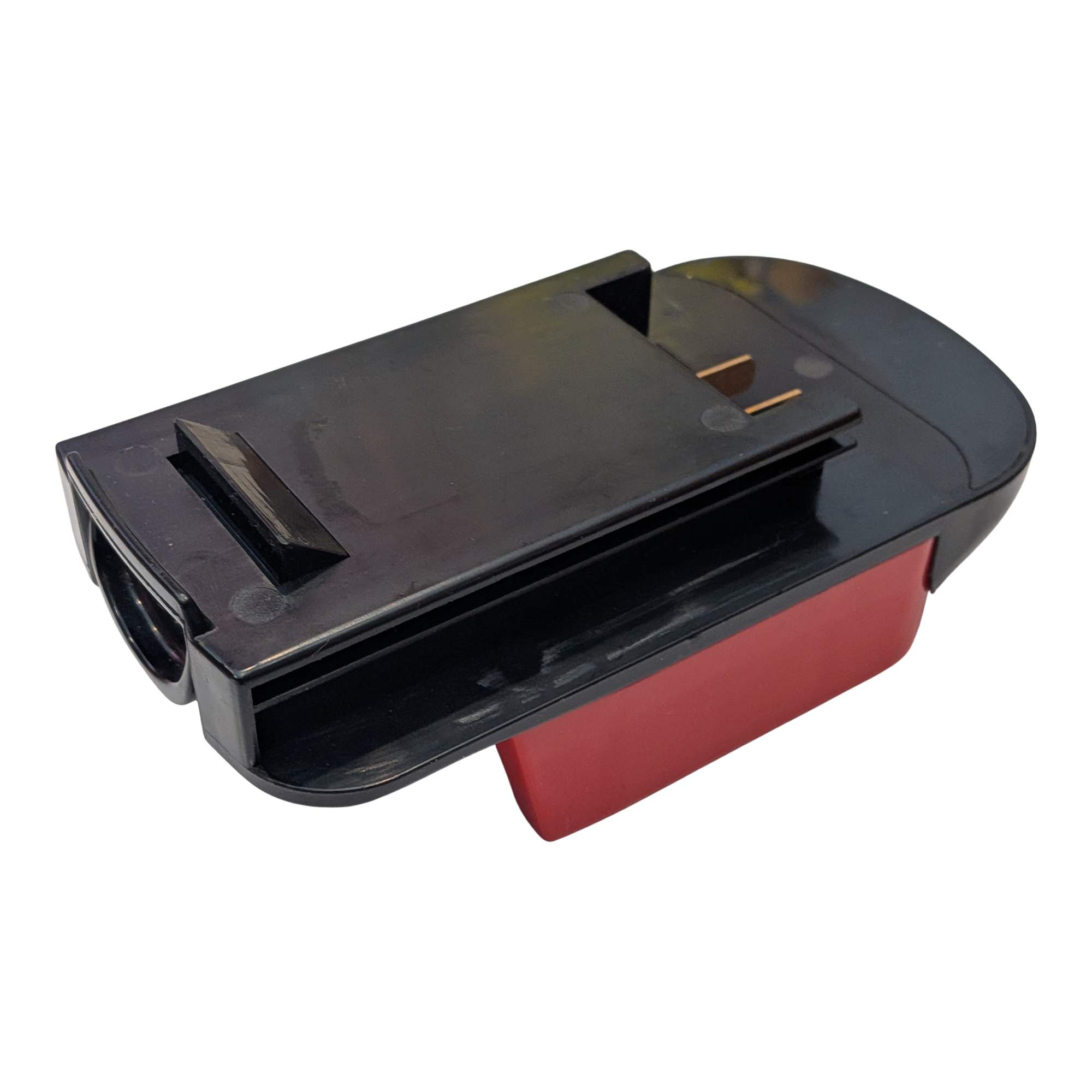 Milwaukee M18 to Black and Decker 18V Ni-Cd battery adapter - tool-side channel and copper blades above the red battery side