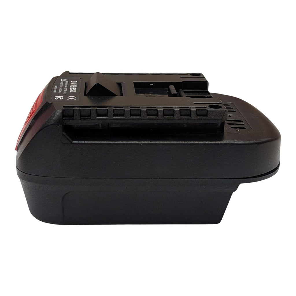 Milwaukee M18 to Bosch 18V GBA (Blue) battery adapter - side view with the tool-side rails and the release catch edge-on
