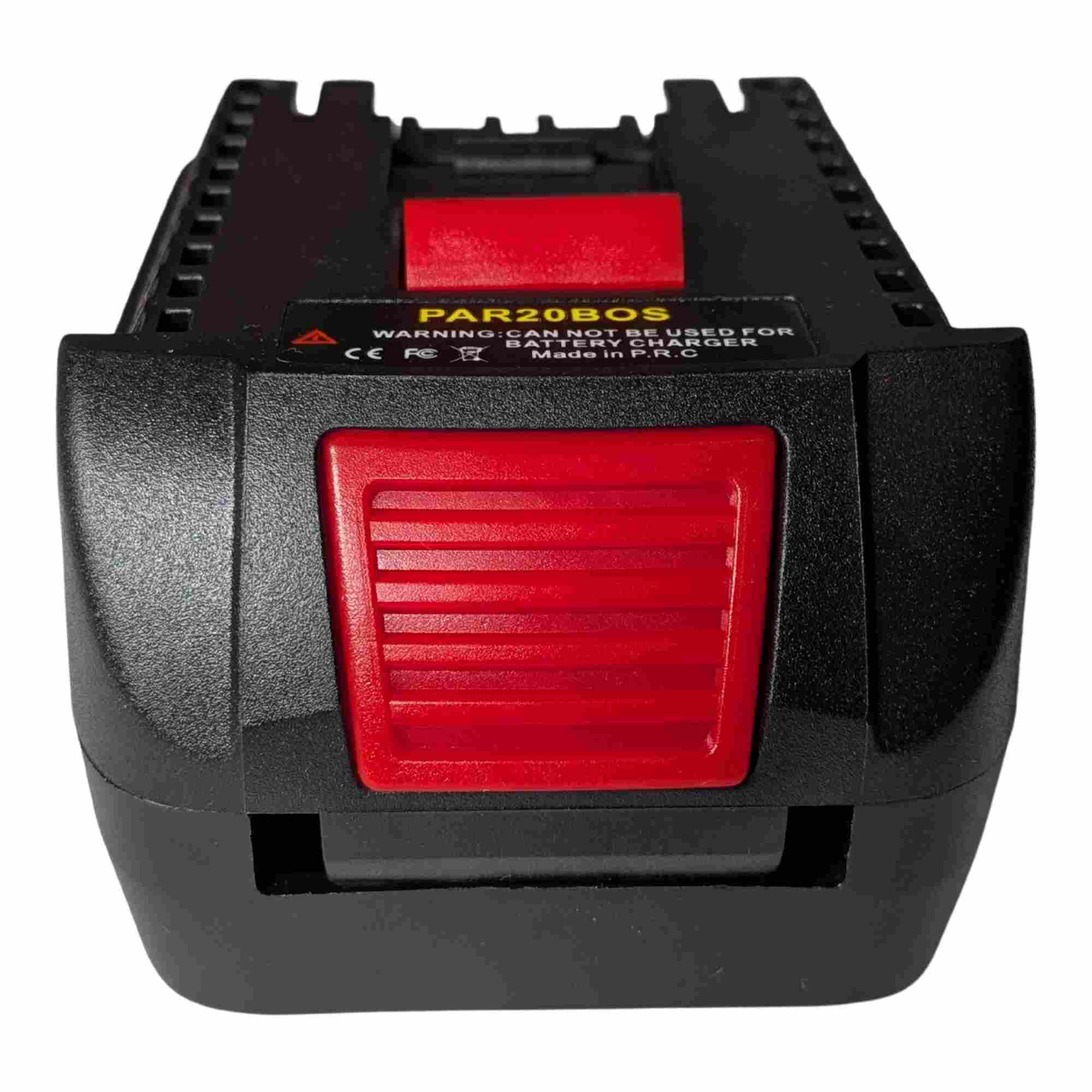 Parkside X20V to Bosch 18V GBA (Blue) battery adapter - end view of the release catch, printed label and tool-side rail above