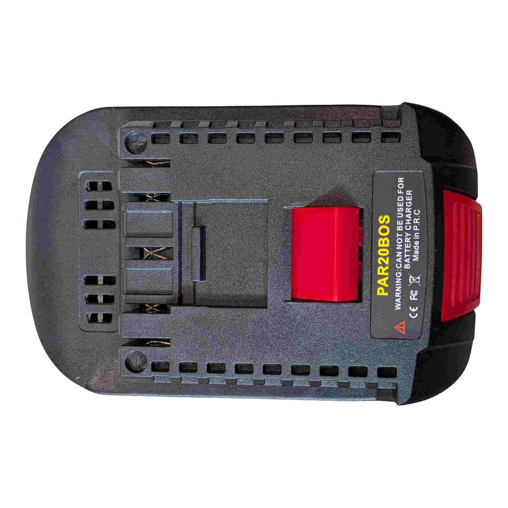 Parkside X20V to Bosch 18V GBA (Blue) battery adapter - Bosch tool-side connection, plan view with terminal slots, vents