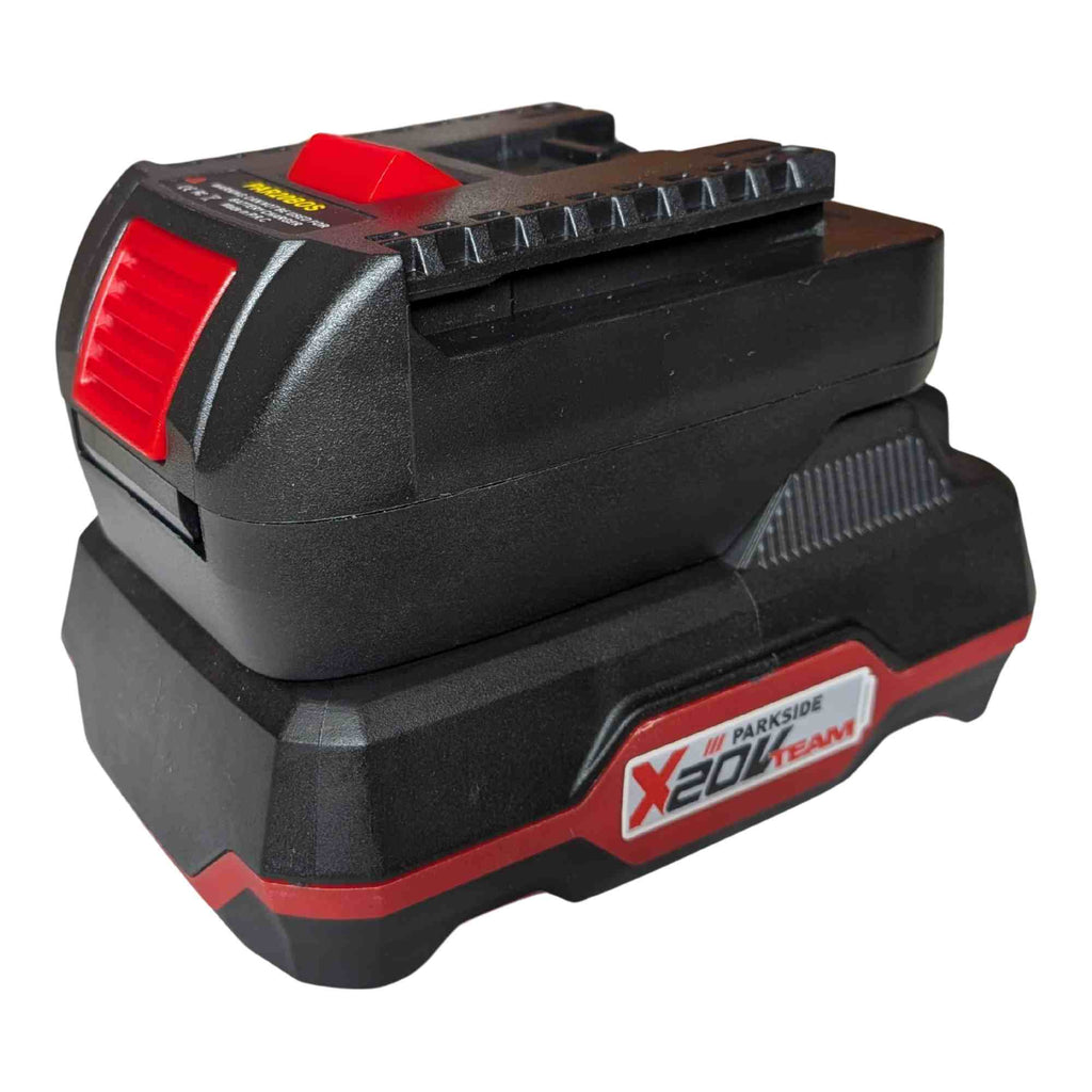 Parkside X20V to Bosch 18V GBA (Blue) battery adapter - fitted to the battery, release catch and printed label in view