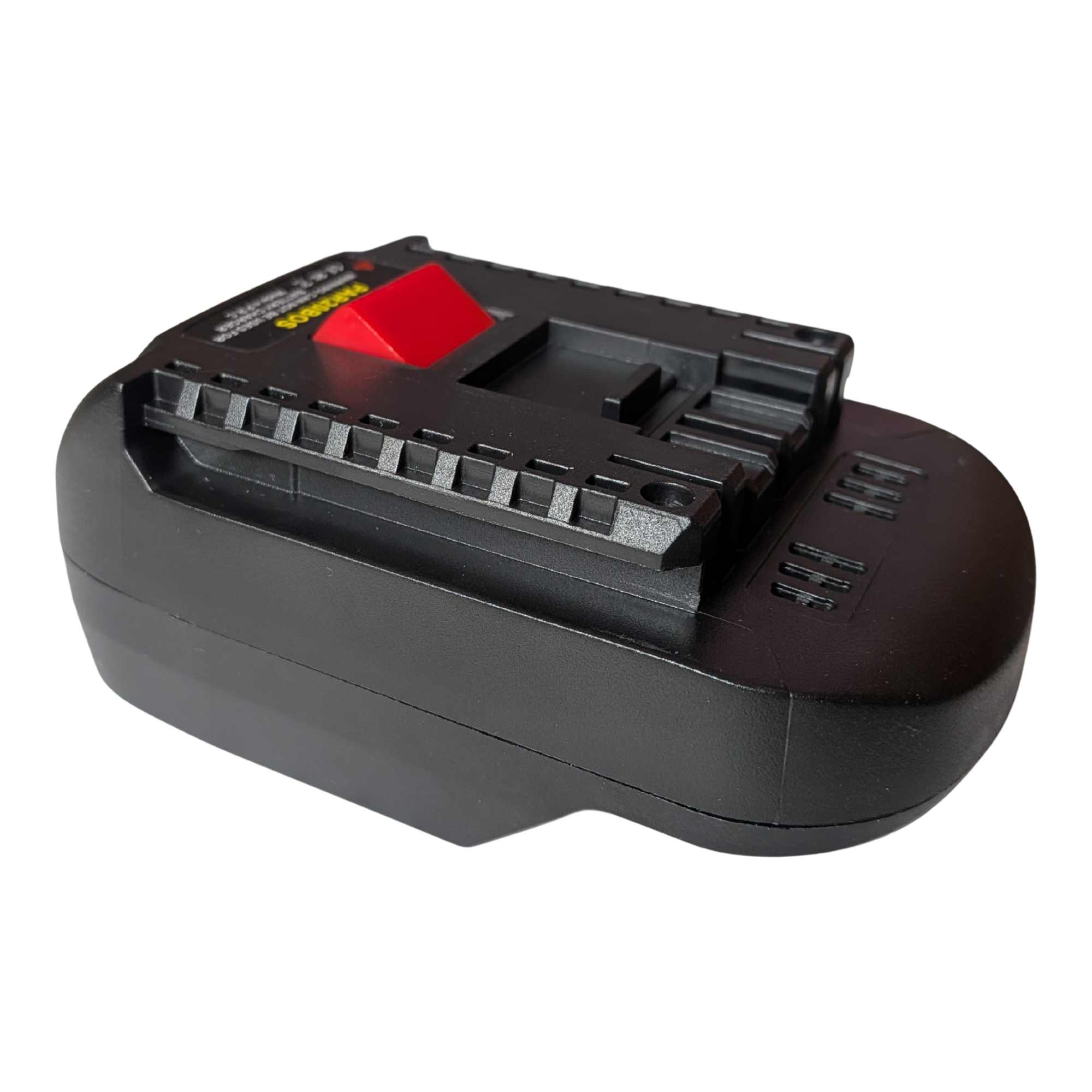 Parkside X20V to Bosch 18V GBA (Blue) battery adapter - Bosch tool-side connection, angled top view with rail