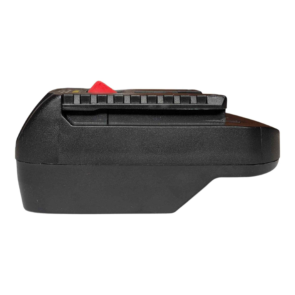 Parkside X20V to Bosch 18V GBA (Blue) battery adapter - side elevation showing the stepped body and the Bosch tool-side rail