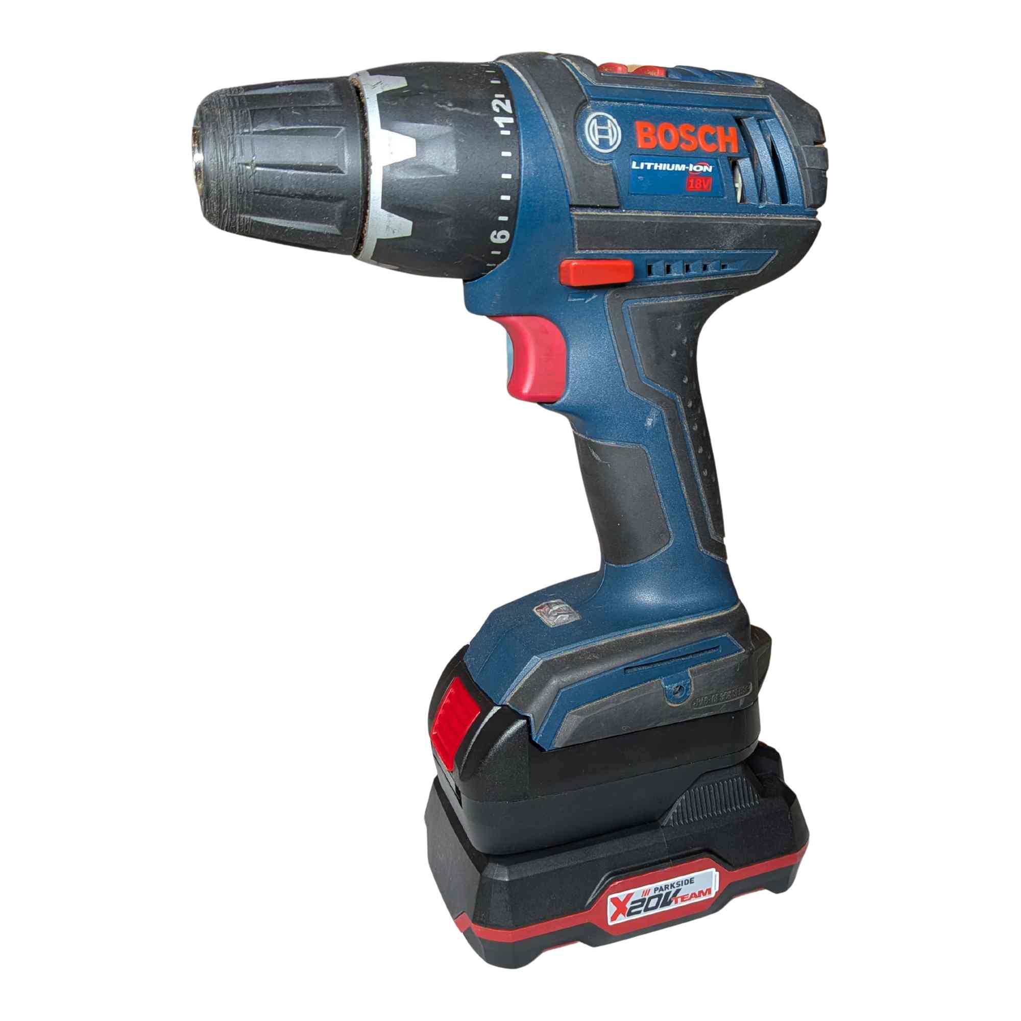 Parkside X20V to Bosch 18V GBA (Blue) battery adapter - installed on a drill driver with the battery pack fitted below