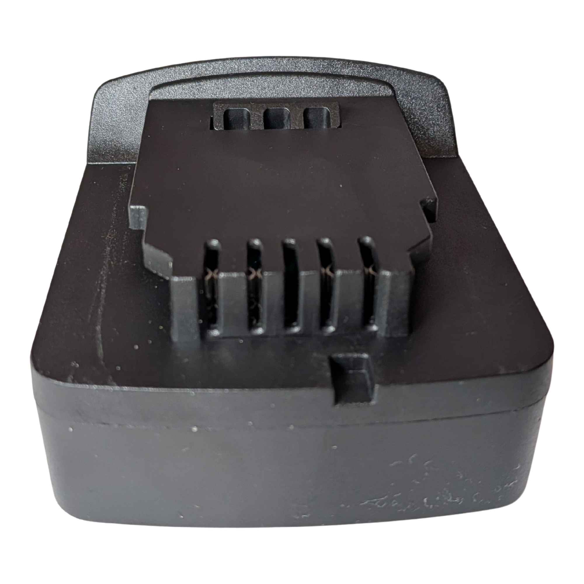 Parkside X20V to DeWalt 20V MAX battery adapter - DeWalt tool-side terminal block end-on, five slots and a three-hole vent