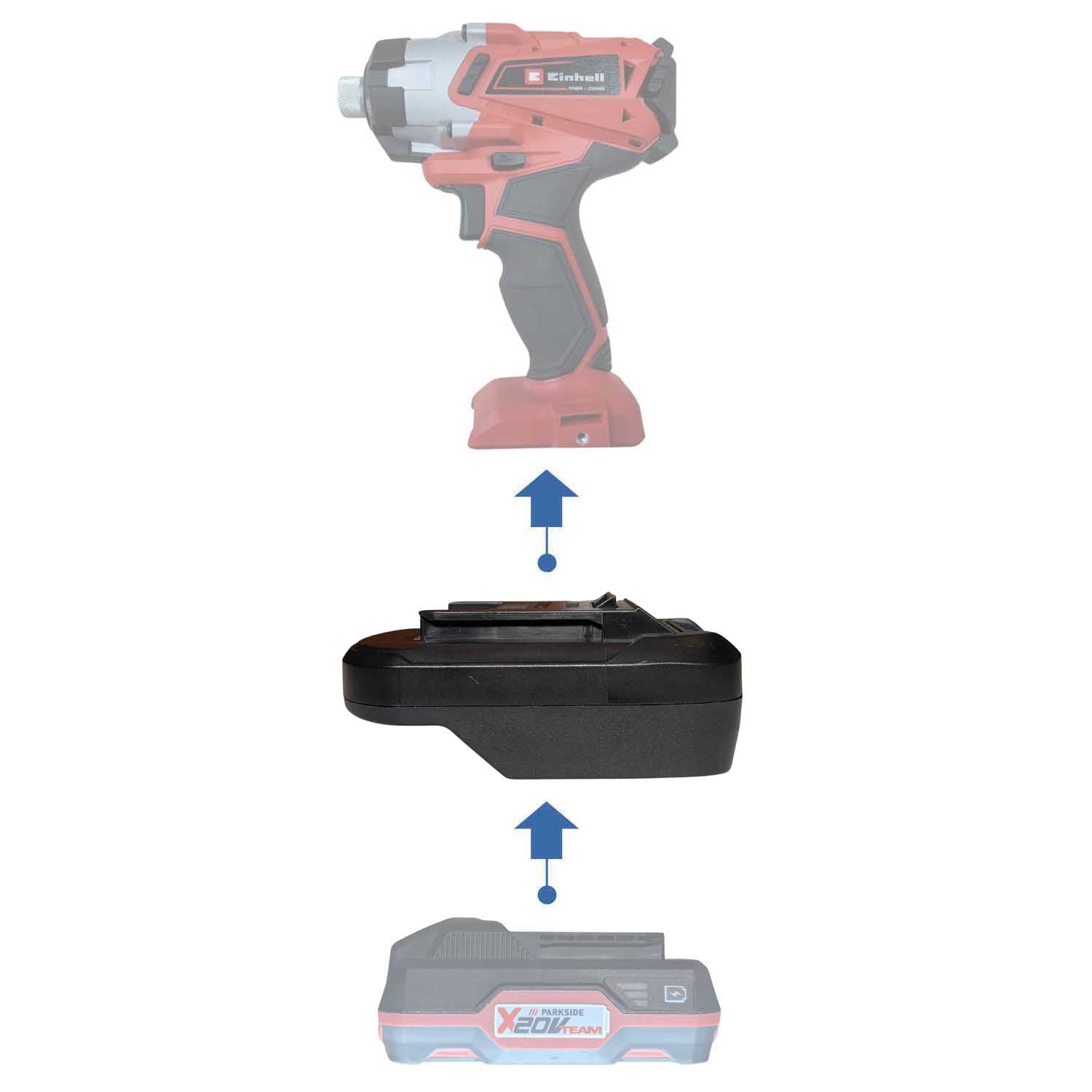 Parkside X20V to Einhell 18V PXC battery adapter - compatibility diagram showing battery, adapter and impact driver