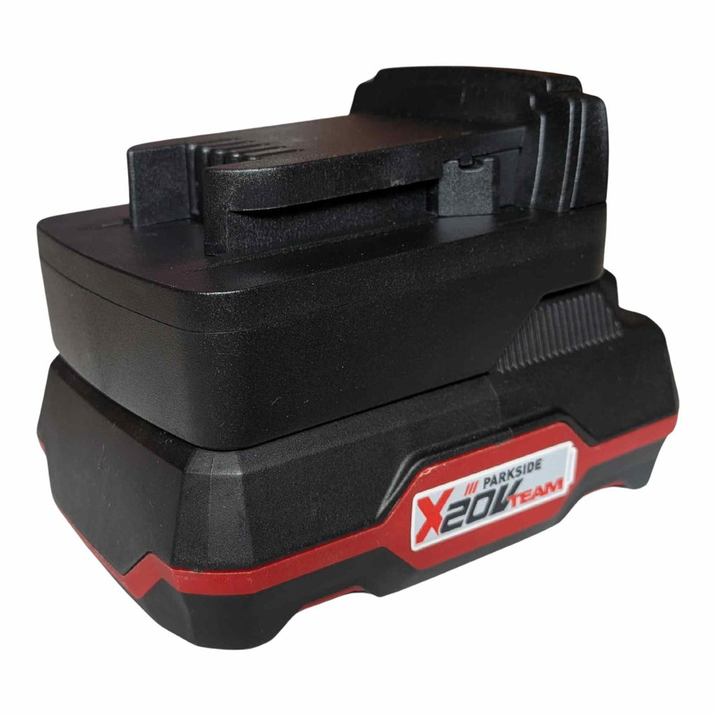 Parkside X20V to Milwaukee M18 battery adapter - fitted to the battery, tool-side terminal block and guide rails upward