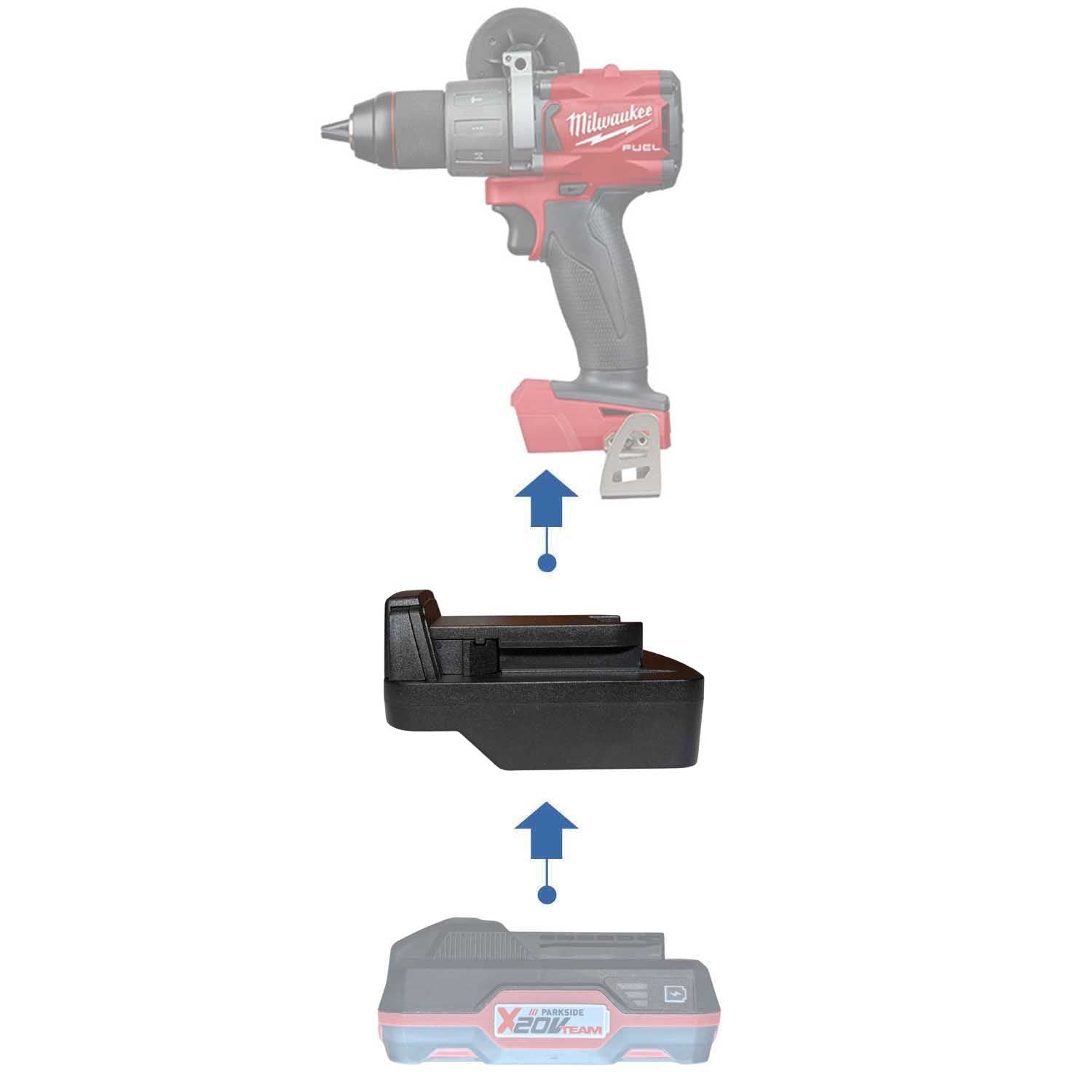 Parkside X20V to Milwaukee M18 battery adapter - compatibility diagram showing battery, adapter and hammer drill