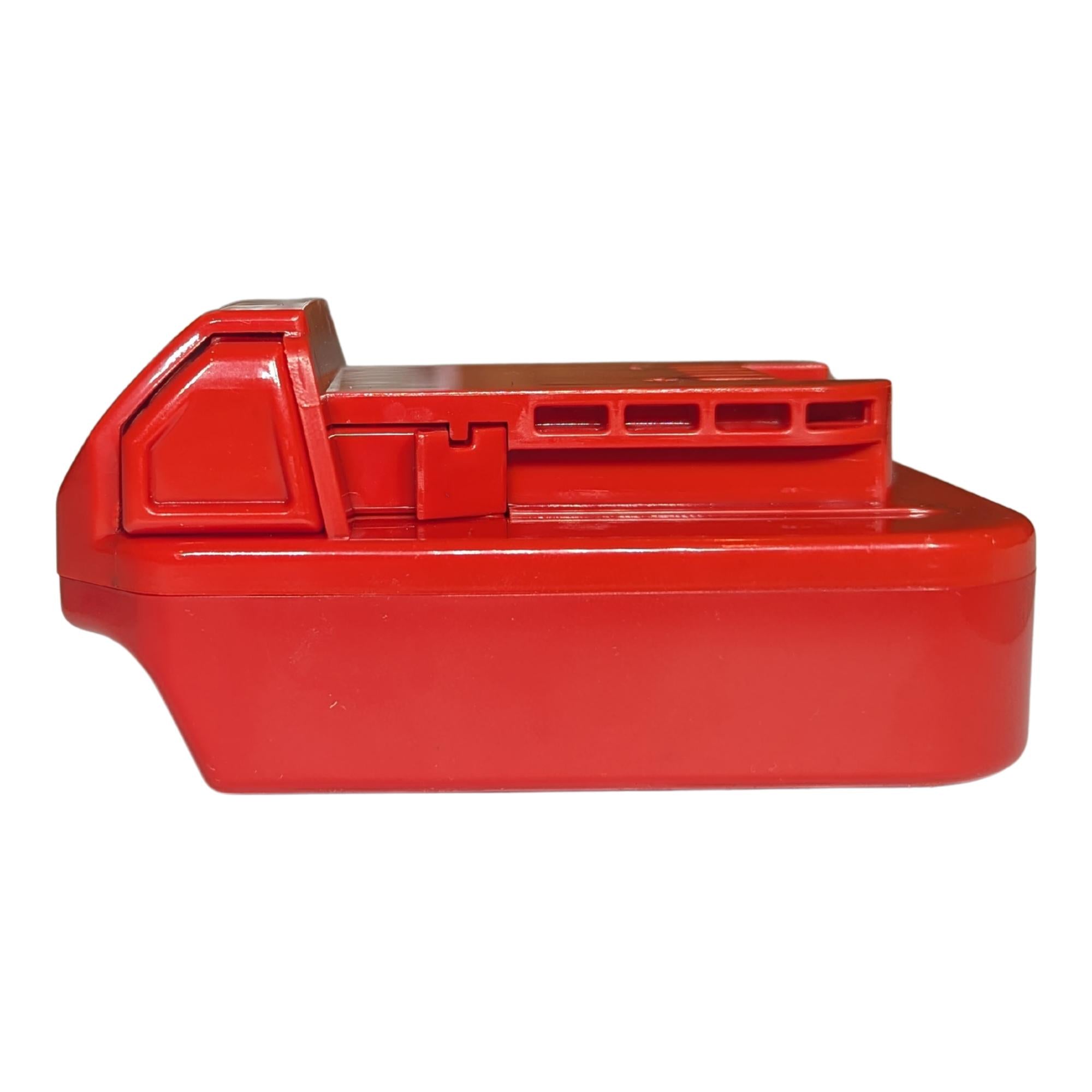 Porter Cable 20V to Milwaukee M18 battery adapter - side view, Milwaukee tool-side rail and latch above the body