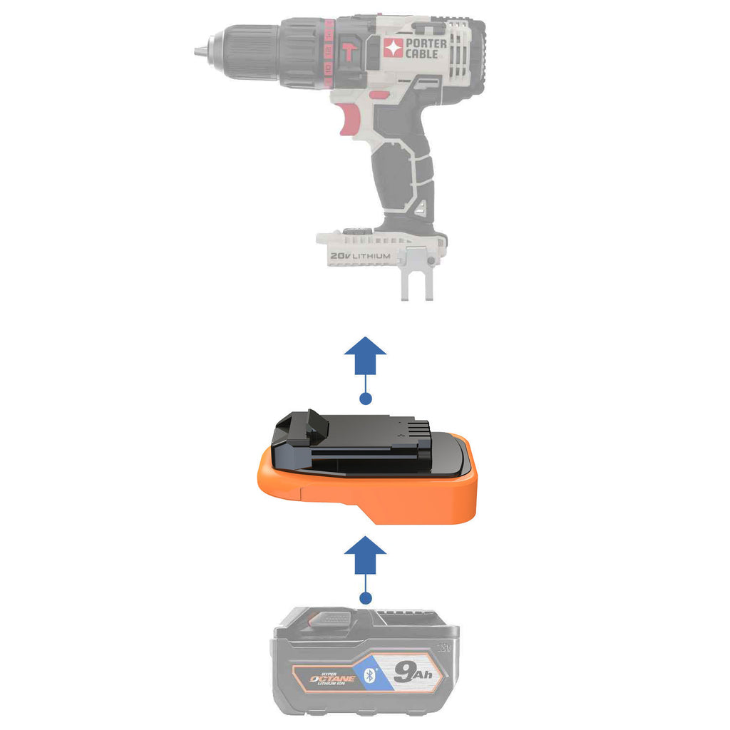 RIDGID 18V to Porter Cable 20V battery adapter - compatibility diagram showing battery, adapter and drill driver