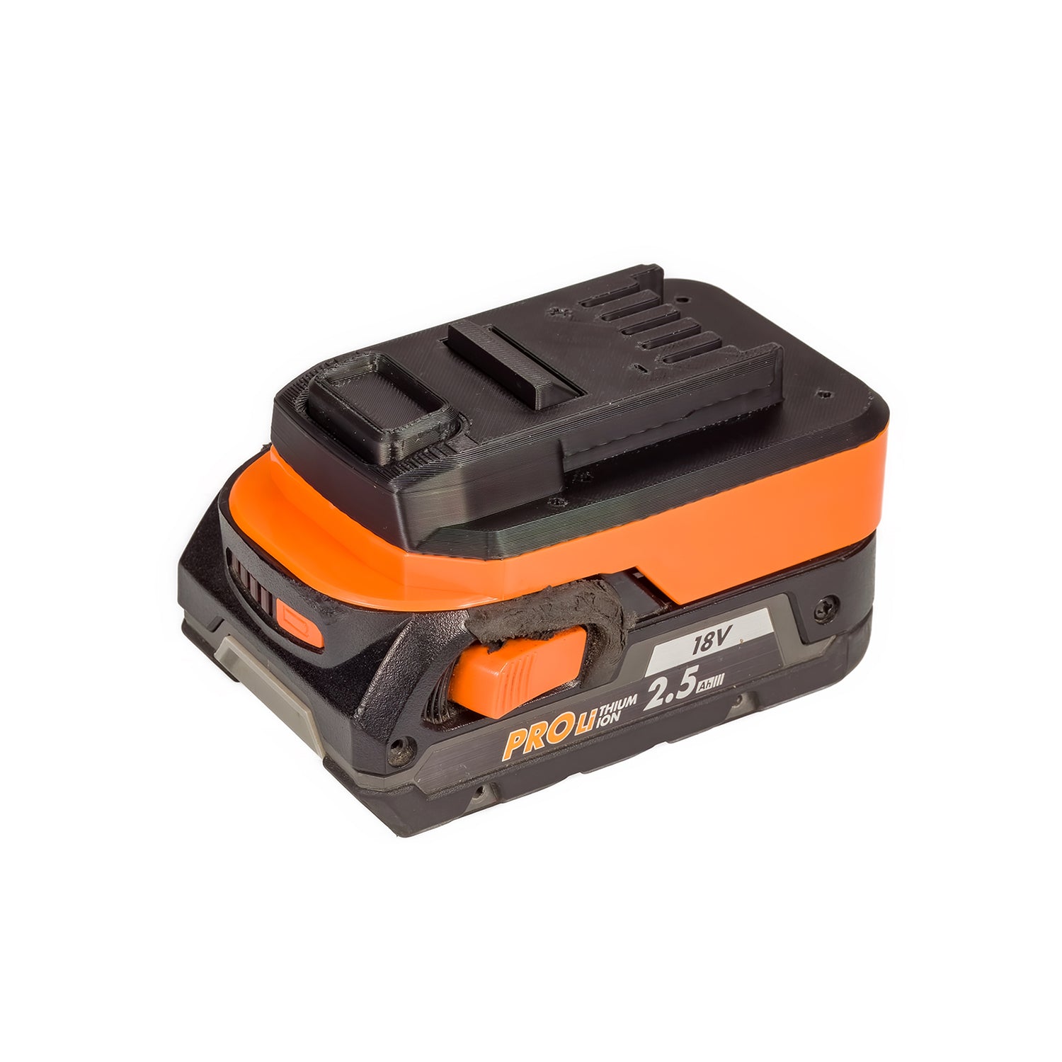 RIDGID 18V to Mastercraft 20V (PWRPOD / Blue) battery adapter - fitted to the battery, Mastercraft tool-side face upward